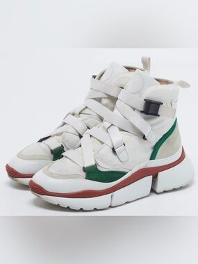 CHLOE Sonnie White & Green High-Top Sneakers with Strap Fasteners, 8.5 US, GUC